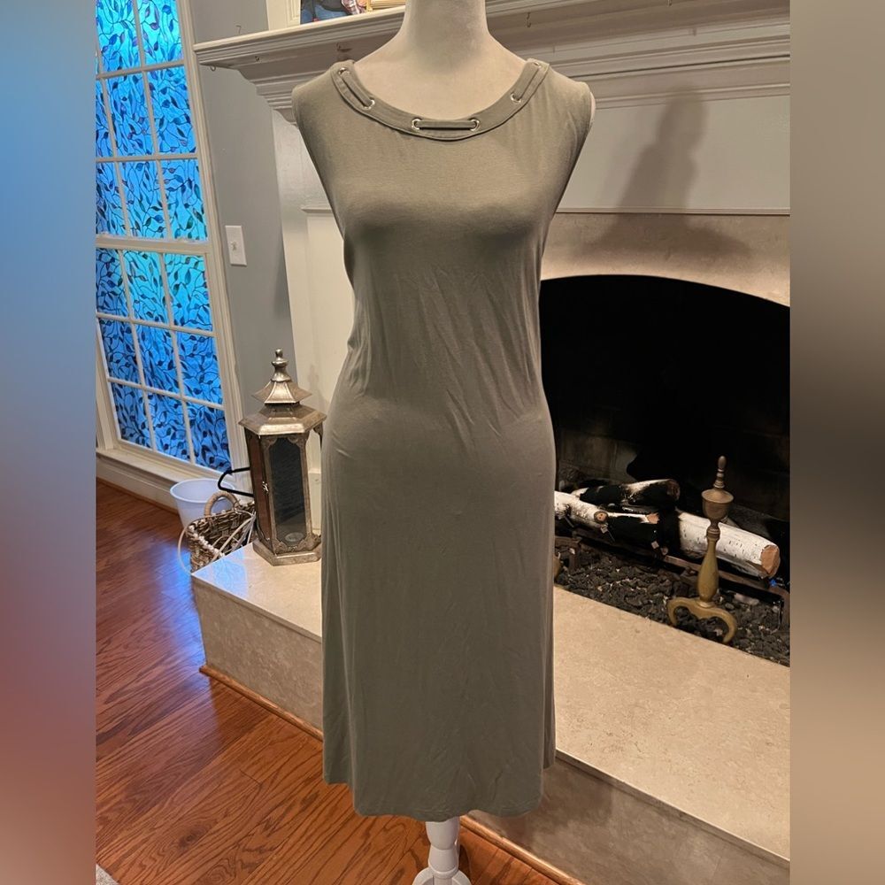Chico's Olive Green Sleeveless Midi Dress with Decorative Neck Detail